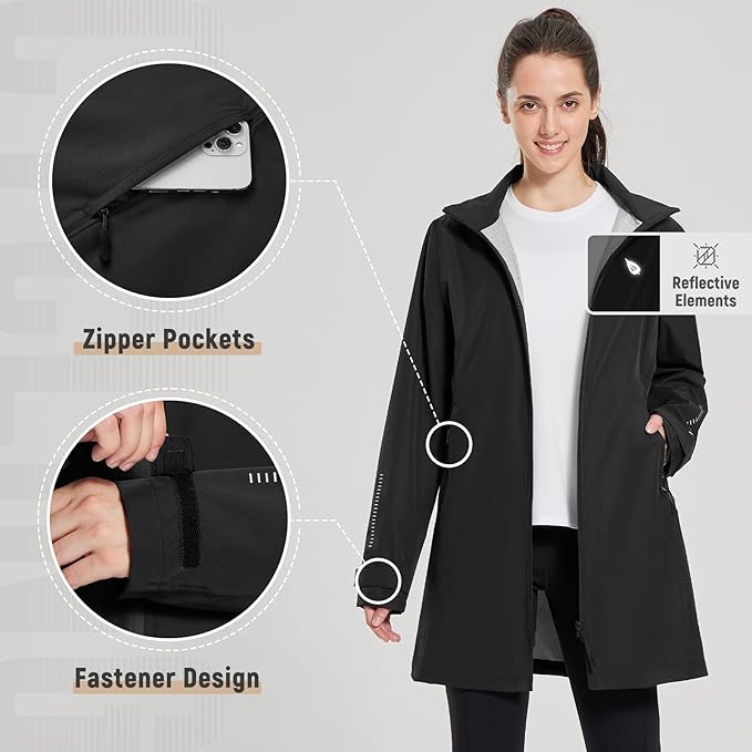 baleaf Women's Long Rain Coat Packable Waterproof Windbreaker Lightweight Cycling Jacket with Hood