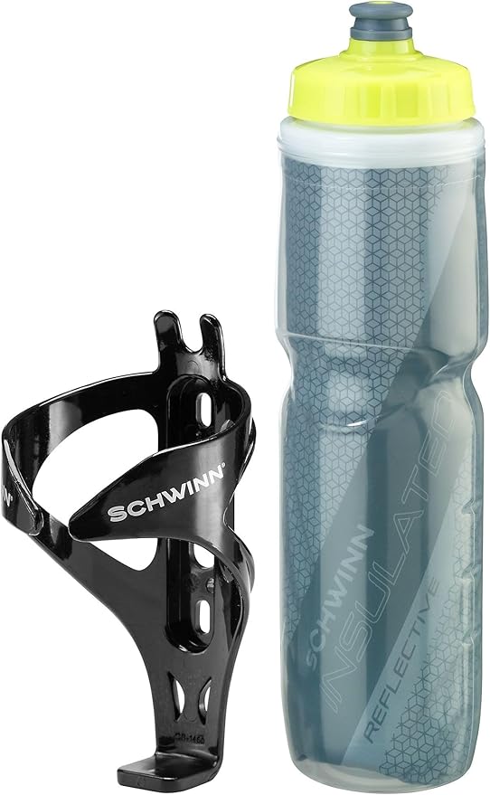 Schwinn Reflective Insulated Water Bottle with Holder for Bicycle, 26 oz, BPA-Free, Dual-Stage Nozzle, Easy Squeeze, Cage Easily Mounts to Bike, Night Visibility, Bike Water Bottle Holder Combo