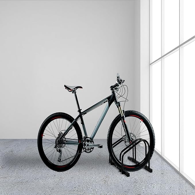 QWORK Sturdy 2-Bike Floor Stand, Powder-Coated Steel Bike Rack for Indoor/Outdoor Use, Compatibility with 22-28 Inch Wheels, Max Tire Width 2.15 Inch