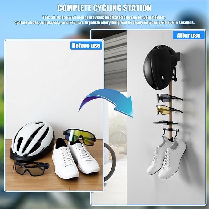 Wall- Mounted Cycling Gear Storage Rack | Holds Helmets, Shoes and Sunglasses | All-in-One Bicycle Accessories Organiser – A Unique Gift for Cyclists