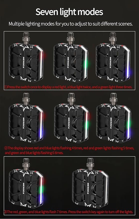 Monkey Home Smart Bike Pedals with LED Lights, Auto On-Off, 3 Colours, 7 Modes, USB Rechargeable, Waterproof, Flat Aluminium with 9/16in Steel Spindle, for e-Bike, City, Commuter, Hybrid, Road