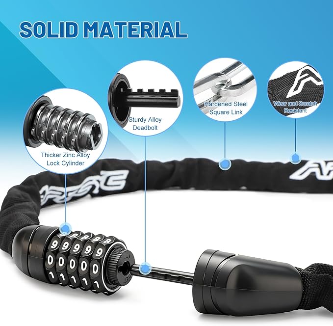 Heavy Duty Bike Chain Lock – 5 Digit Combination Anti-Theft Bicycle Lock, 3FT/4FT/5FT Hardened Steel Square Links for E-Bike, Motorcycle, Scooter, Gate