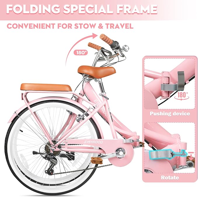 26 Inch Folding Beach Cruiser Bike for Women, 7-Speed Ladies Bike with Basket & Rack, Perfect for City Commuting's Bicycle, Ideal for Women and Adults