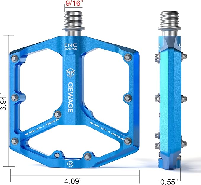 Road/Mountain Bike Pedals - 3 Bearings Bicycle Pedals - 9/16” CNC Machined Flat Pedals with Removable Anti-Skid Nails