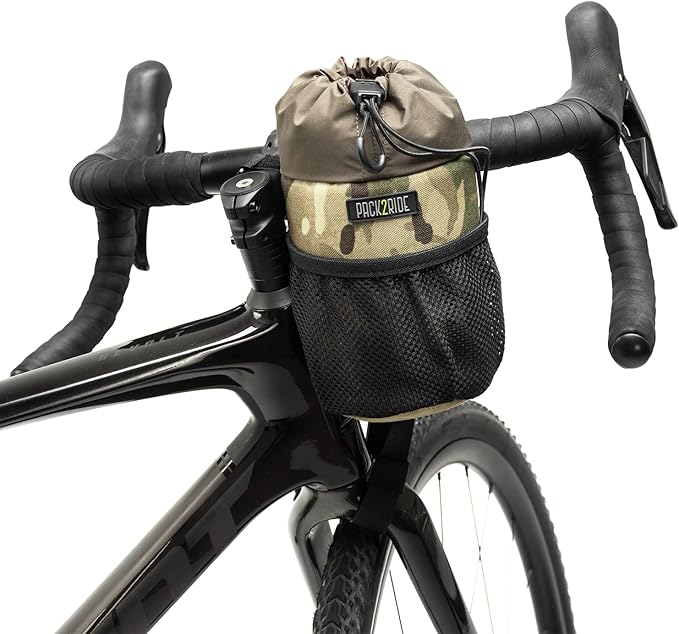 Bongo Bike Handlebar Bag - Water Resistant & Durable Fabric Bicycle Water Bottle Holder, Secure Attachment Bikepacking Stem Bag, One-Handed Access Feed Bag, Front Storage for Cycling - Camo
