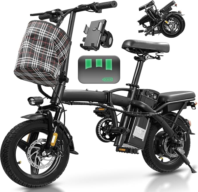 Electric Bike for Adults and Teens, 560W Motor 24MPH Compact Commuter Ebike, 32 Miles Range, 48V 10Ah Battery, 3 Shock Absorbers, 14" Mini Foldable Electric Bicycles with Basket, UL 2849 Certified