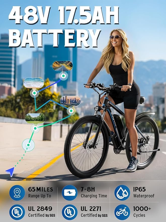 E·Bycco 34 MPH 70 Miles Long Range 1000W Electric Bike for Adults – 29" Tire 48V 17.5Ah Removable Battery, 21 Speed, Fast City Commuter Pedal Assist E-Bike for Snow Sand, E8