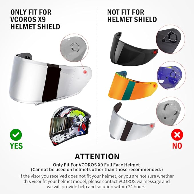 VCOROS X9 Full Face Motorcycle Helmet Replacement Shield 5Color Lens Available (Chrome Silver)
