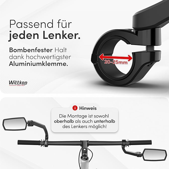 WITTKOP Bike mirror | Large HD field of vision | 360° rotatable & foldable | Mounting above & below | Break-proof & durable | ebike accessories, bike mirror handlebar mount, bicycle mirrors