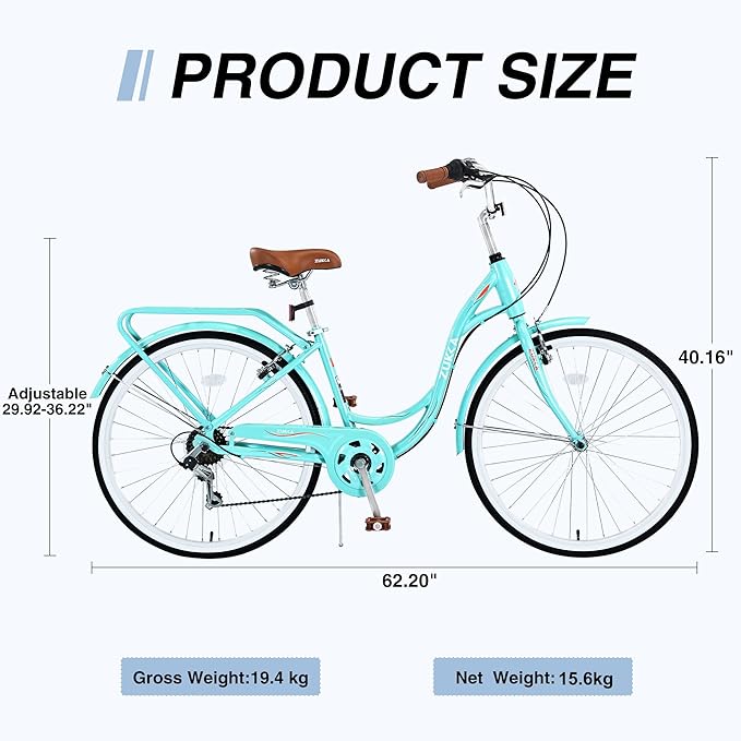 ZUKKA Beach Cruiser Bike for Women 24/26 Inch Ladies Bike 7 Speed Complete Cruiser Bikes with Dual V-Brake and Adjustable Seat, Adult City Bike for Women, Men, Multiple Colors