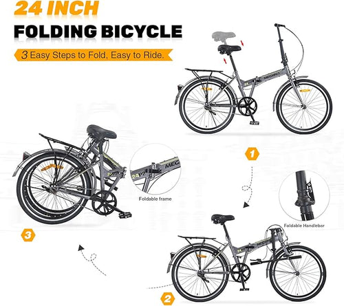 24 inch Folding Bike Single Speed V Brake City Commuter Bicycle with Mudguard for Men Women Daily Commuting
