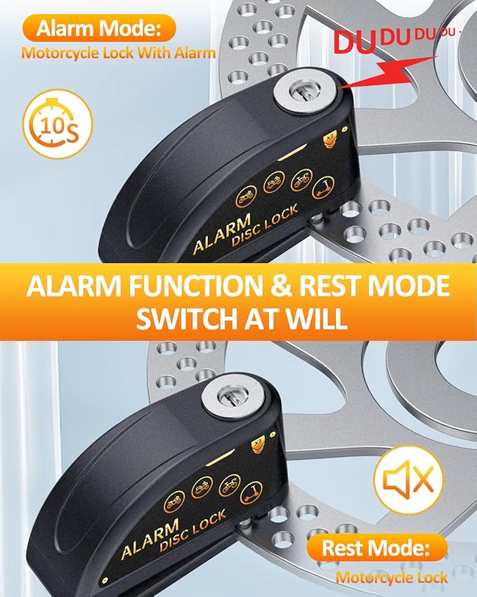 ONVIAN Rechargeable Motorcycle Lock with 120db Alarm and 6FT Steel Reminder Cable, for 7mm Pin Motorcycles Bicycles Ebike Scooter Moped (Black)