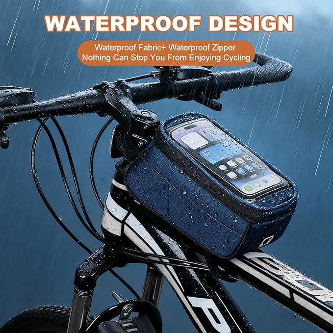 Qisan 1.5 L Capacity Front Bike Bag Frame motorcycle accessories for Riding | 7" Motorcycle Phone Mount E-Bike Accessories for Men | Bicycle Top Tube Bag Cycling Pouch with Rain Cover - Blue