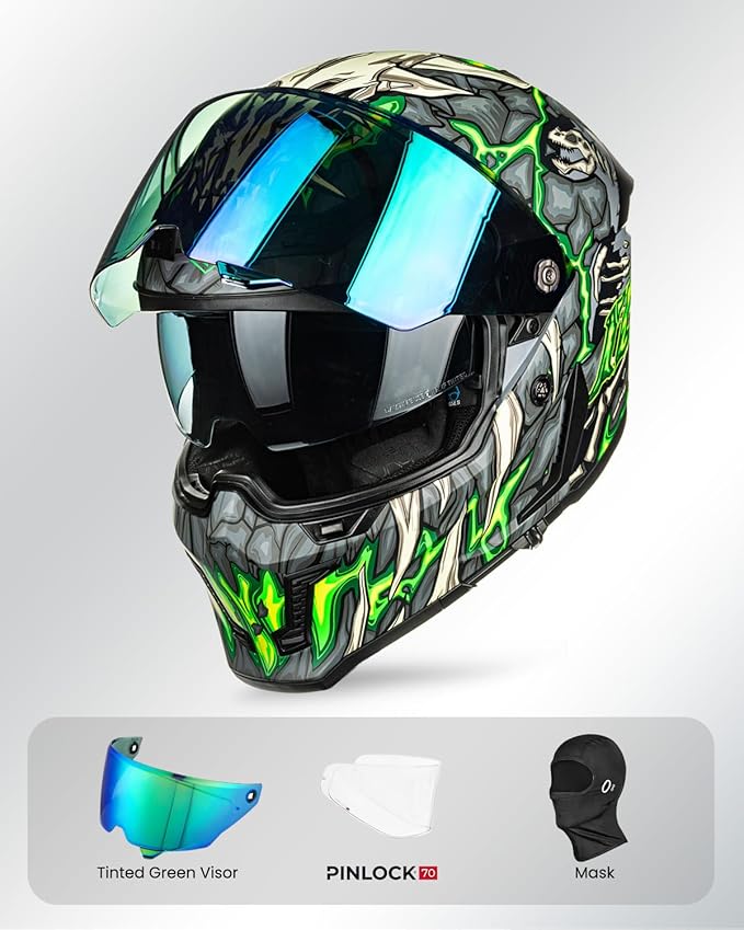 ILM Motorcycle Helmets for Adult Men Women Full Face DOT ECE Powersports Dual Visor Street Racing Helmet with Pinlock Cascos para Motos Model MF509 (Day1 Green, S)