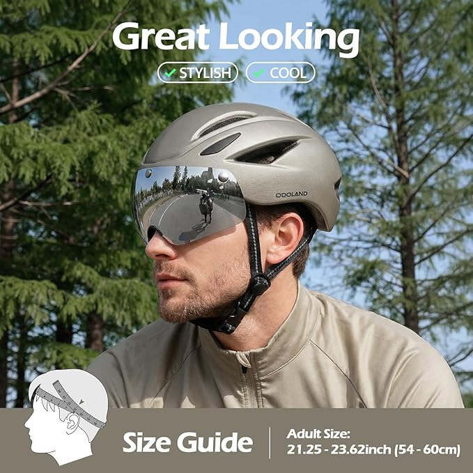 Odoland Bike Helmet with Magnetic Sun Visor for Adults, Glasses-Friendly Design Adjustable Dial Cycling Helmet for Men & Women, Urban Riding Bicycle Helmet for Mountain, Road, E-Bike, Commuting