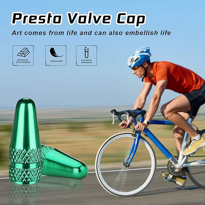 Aluminum Presta Valve Stem Caps – Green Tire Air Dust Covers for Bike (4 Pack) – Fit French Valves on Road, MTB, Hybrid, Racing, Fitness, Folding & Fat Bikes