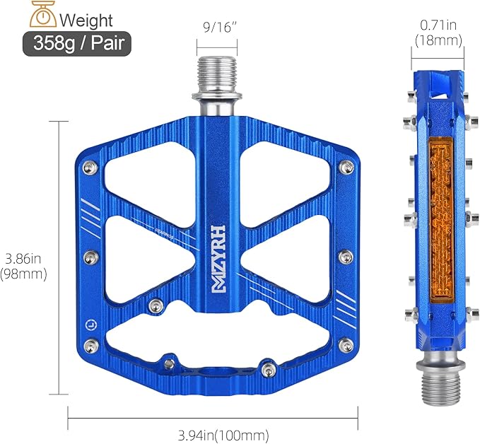 MZYRH Road/Mountain Bike Pedals,Bicycle Pedals with Reflectors,Aluminum Alloy MTB Pedals 3 Sealed Bearings Bicycle Platform Pedals 9/16" BMX Road Bike Pedal