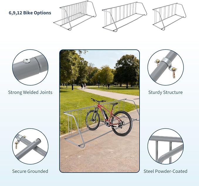 Single Side 9 Bike Floor Rack 110 Inch Length Freestanding Bicycle Parking Stand In Ground Grid Design for Garages Streets Yards and Bike Events Heavy Duty Storage (Grey, Single Side 9 Bike)