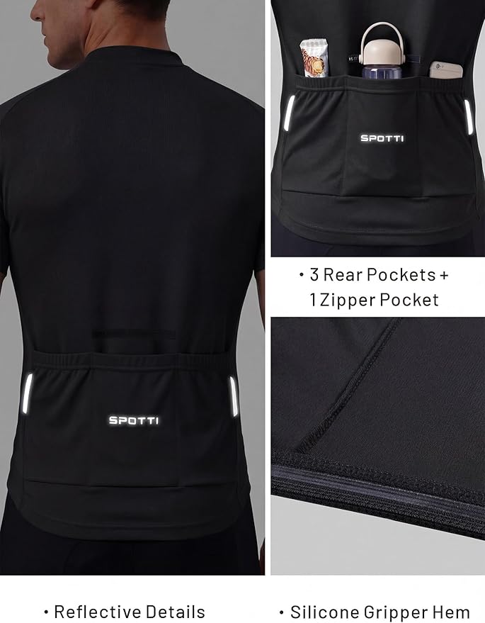 Spotti Men's Cycling Bike Jersey Short Sleeve with 3 Rear Pockets- Moisture Wicking, Breathable, Quick Dry Biking Shirt