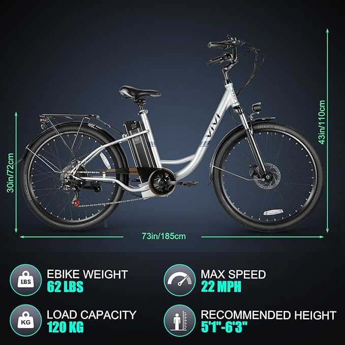 Vivi Electric Bike for Adults, 1000W Peak Ebike 26" Electric Cruiser Bike 22MPH Step Through Electric Bike with 48V Removable Battery, 7 Speed Electric City Commuter Bicycle, SGS Certified to UL2849