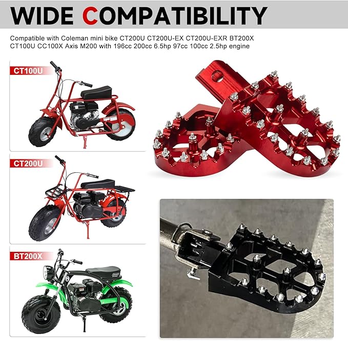 Mini Bike Foot Pegs CNC Anti-Slip Wide Footpegs for CRF50 CRF70 Coleman CT100U CT200U BT200X CC100X CRF XR50 70 110 125 SSR Apollo TaoTao Motorcycle Dirt Bike Pit Bike Pedals(Red)
