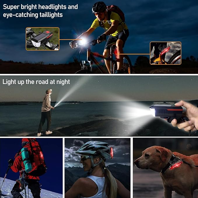Rechargeable Solar Bike Lights, Night Ultra Bright Bicycle Lights Headlight and Back Taillight with Electric Bell, Easy to Install Waterproof, Road and Mountain LED Bike Lights