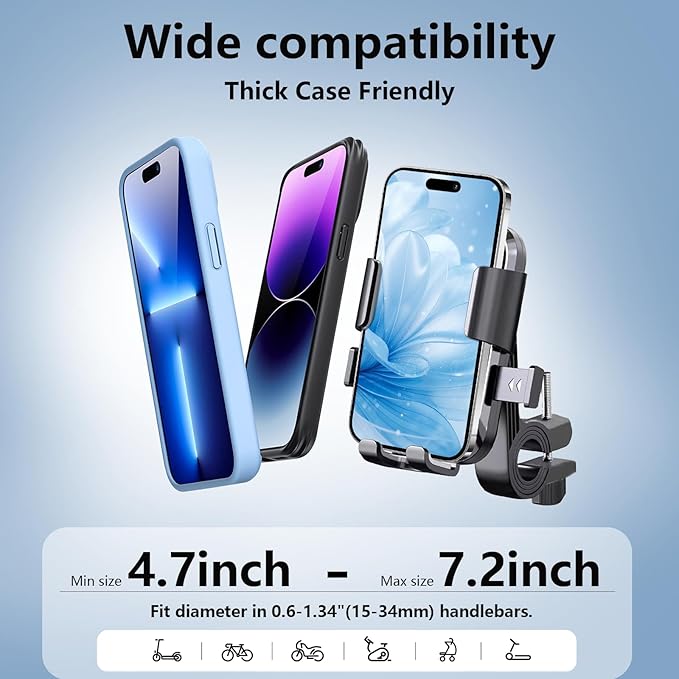 Bike Phone Mount for Motorcycle & Ebike – Anti-Shake Handlebar Phone Holder, Universal Cell Phone Mount, Easy Install, Fits iPhone & Android