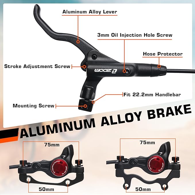 BUCKLOS MTB Hydraulic Disc Brakes, Mountain Bike Left Front 800mm Right Rear 1450mm Hydraulic Brake Set Aluminum Alloy Levers with Calipers PM/is Adapter Fit EBike/Fat Bike