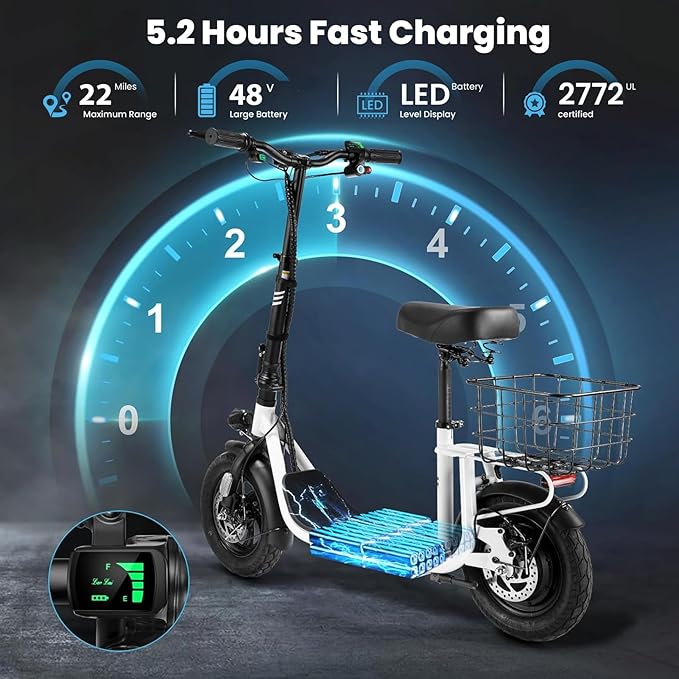 Caroma Peak 1200W/800W Electric Scooter with Seat, 30 Miles Max Range, Electric Scooter Adults, Up to 20MPH Foldable Escooter with Basket,Key Start Adjustable E-Scooter