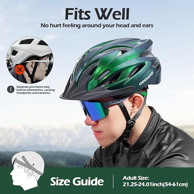 Odoland Adult Bike Helmet and Cycling Sunglasses Set for Men & Women, Safety Certified Bicycle Helmet with UV Protection Glasses for Mountain, Skating, Road, City Commuting & Outdoor Riding
