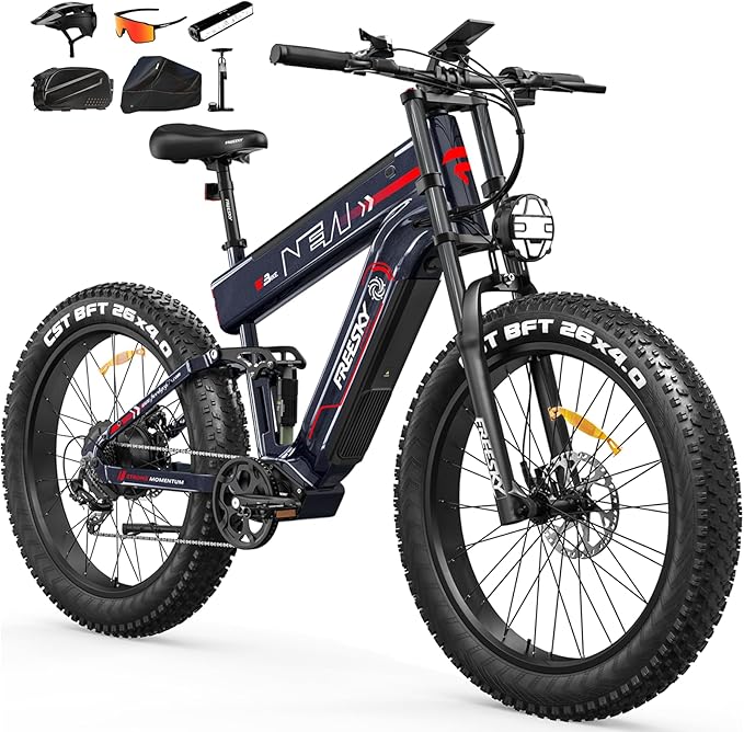 FREESKY Dual Battery Electric Bike for Adults, 48V 41AH 160 Miles Long Range E Bike, 4000W Motor 40MPH+, 26" Fat Tire Fast Mountain EBike, Full Suspension & Hydraulic Brakes, UL 2849 Certified by TÜV