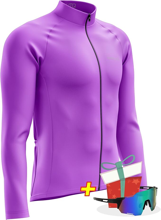 Men's Cycling Jersey Moisture Wicking Long Sleeve Full Zip Bike Road Riding Biking Shirts+ Cycling Glasses