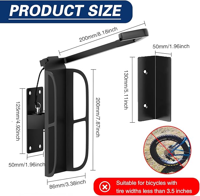 Swivel Bike Wall Mount, Metal Wall Bike Rack with Durable Sleeves, Space-Saving Vertical Bike Rack with 180° Swivel for Home and Garage, Bike Storage Hanger Mount Up to 66 lbs, 1-Pack