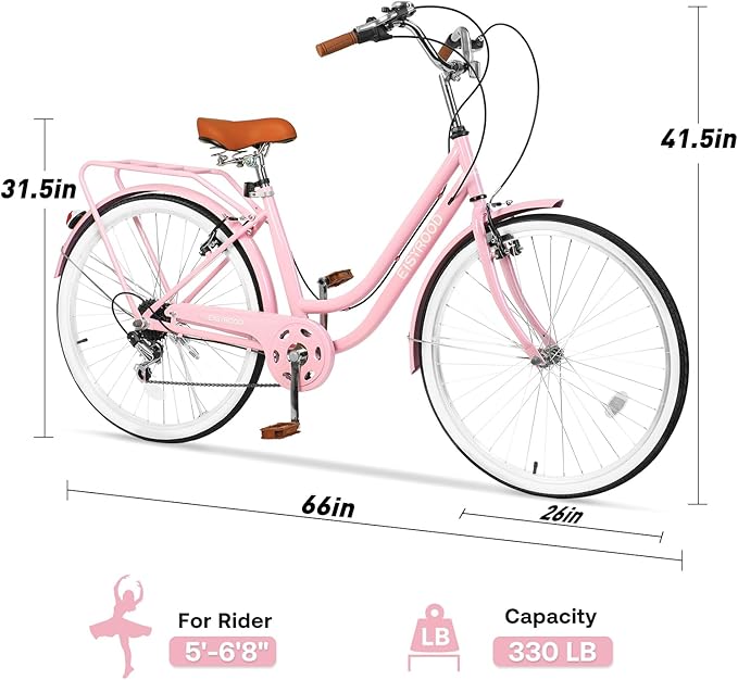 26 Inch Folding Beach Cruiser Bike for Women, 7-Speed Ladies Bike with Basket & Rack, Perfect for City Commuting's Bicycle, Ideal for Women and Adults