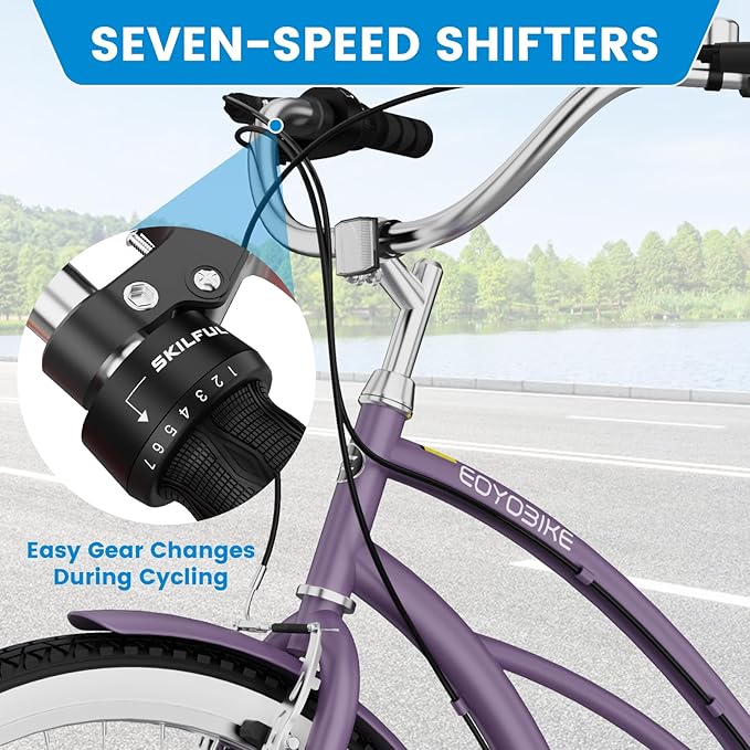 MOPHOTO 24" 26" Adult Bike 7-Speed Beach Cruiser Bike for Adults, Rear Rack, Fenders, Step-Through or Classic Frame