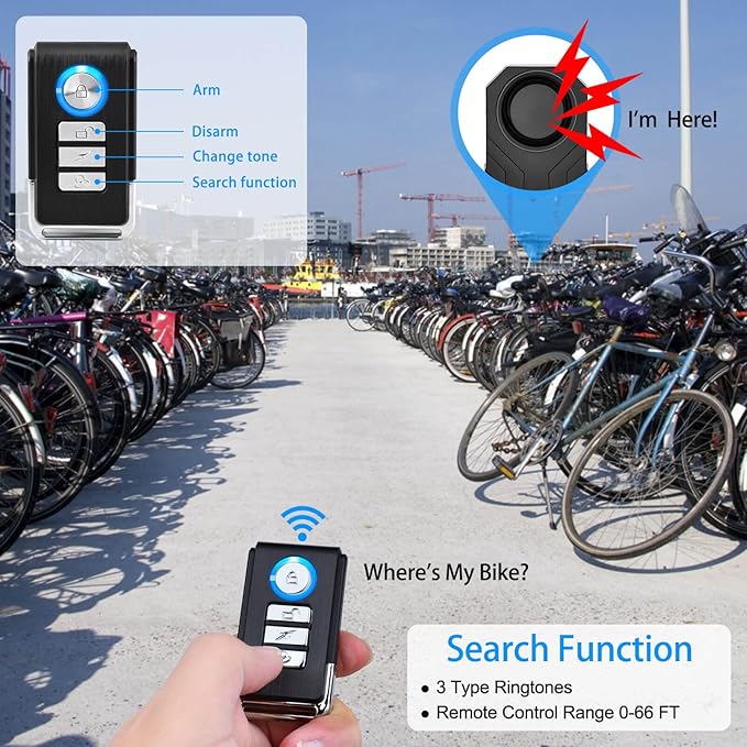 113dB Bike Alarms, Vibration Sensing Bike Alarm with Remote, Wireless Motorcycle Alarm for Electric Tricycle Mobility Scooter Vehicles Ebike for Cycling Security