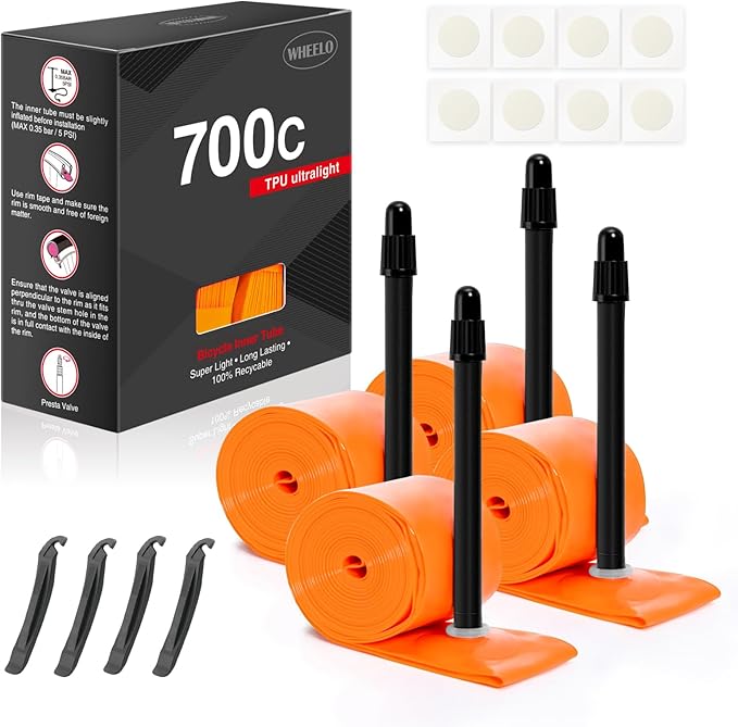 4-Pack WHEELO TPU 700C×18-32C Bike Inner Tube, Ultralight (ALLRoad & Gravel) Bike Tube with 45mm/65mm/85mm Presta Valves for Road Bike (Include Bike Tube Patch Repair Kit)