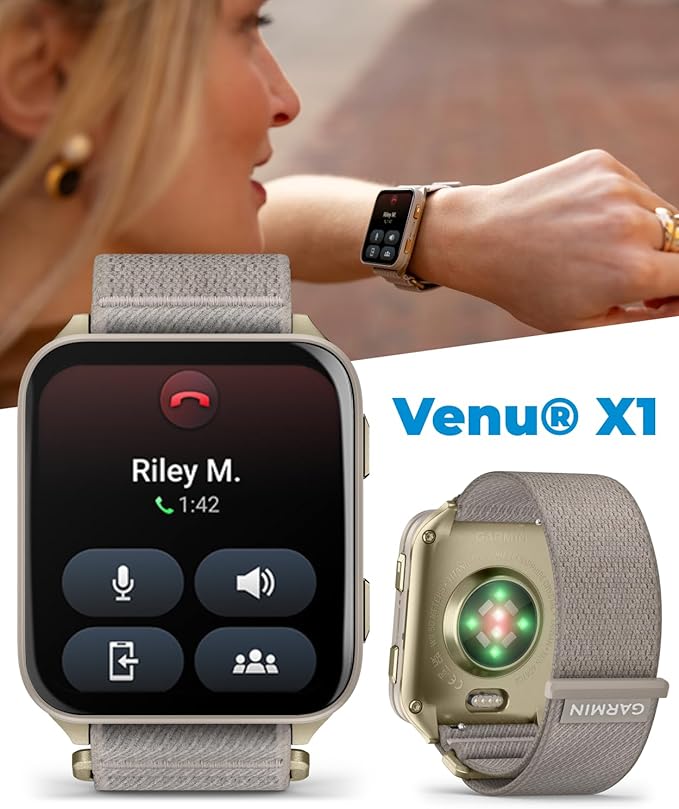 Wearable4U Garmin Venu X1 Thin and Lightweight GPS Smartwatch, AMOLED Display, Advanced Health & Fitness Features, Soft Gold w/Titanium Caseback & French Gray Nylon Band PowerBank Bundle