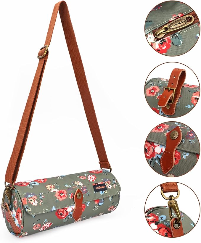 TOURBON Canvas Leather Bike Handlebar Bag with Shoulder Strap, 4.5L Bicycle Top Tube Pouch, Water-resistant Small Saddlebag storage bag for Cycling (Green Flower)