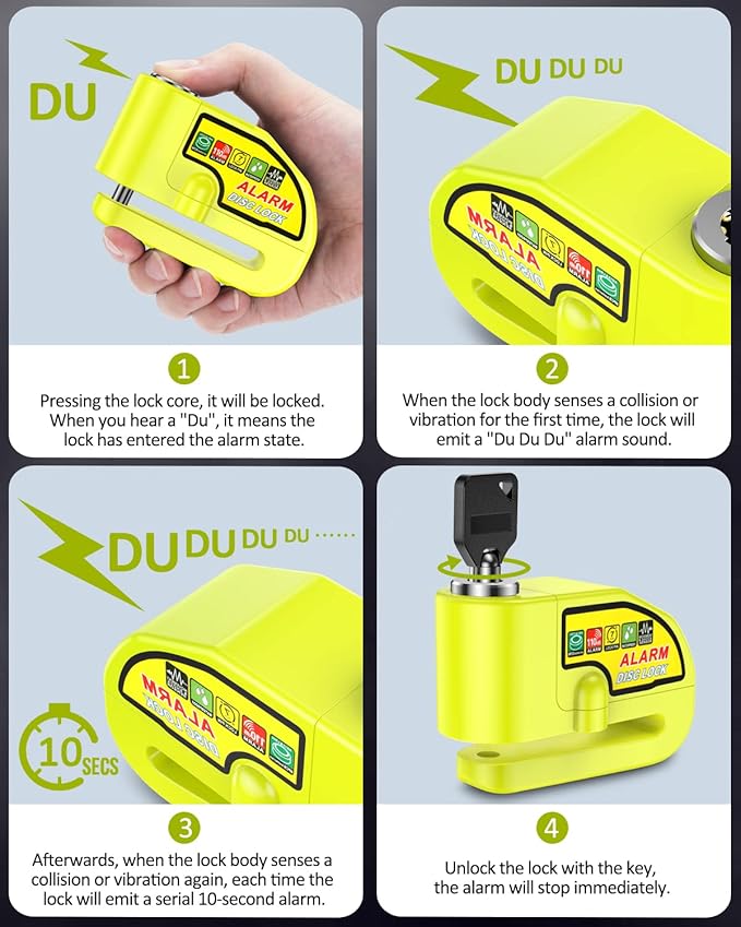 ONVIAN Motorcycle Disc Brake Lock with 120dB Alarm, Rechargeable Waterproof Motorcycle Locks Anti Theft for 7mm Motorcycle Brake Helmet Scooter Wheel Lock 5FT Reminder Cable (Lemon Yellow)