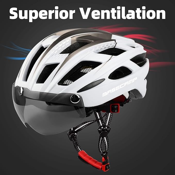 Bike Helmet, Basecamp Bicycle Helmet with Rear Light & Detachable Magnetic Goggles Lightweight Cycling Helmet Adjustable for Adult Men Women Mountain & Road (BC-069)