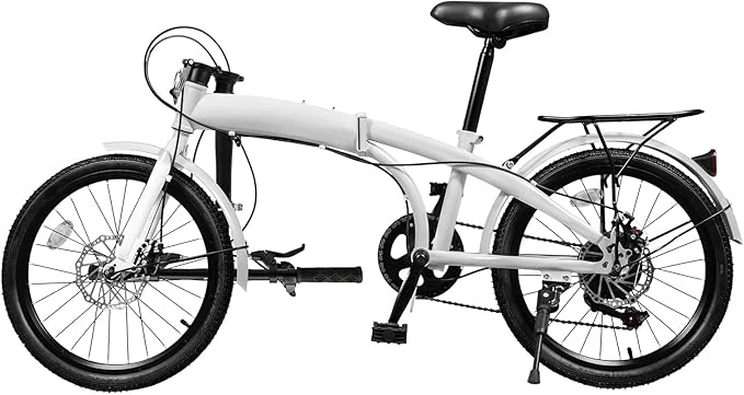 Foldable Bicycle with 7 Speed Gears, 20 Inch Tires White Folding Bike Folding City Bicycle Mountain Bike, Carbon Steel Frame Disc Brake Front and Rear Fenders, for Traveling Exercising Commuting