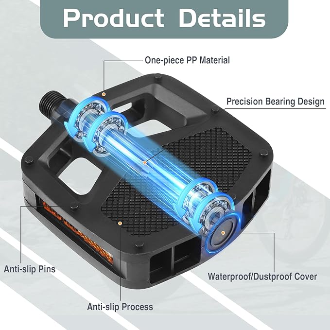 9/16 Inch Bike Pedals, Non-Slip Wide Platform with Reflective Strips, Compatible with Mountain Road BMX E-Bikes