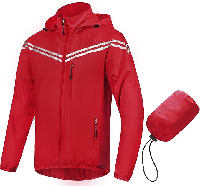 CREATMO US Men's Packable Waterproof Running Rain Coats Reflective Cycling Jacket Windbreaker With Removable Hood