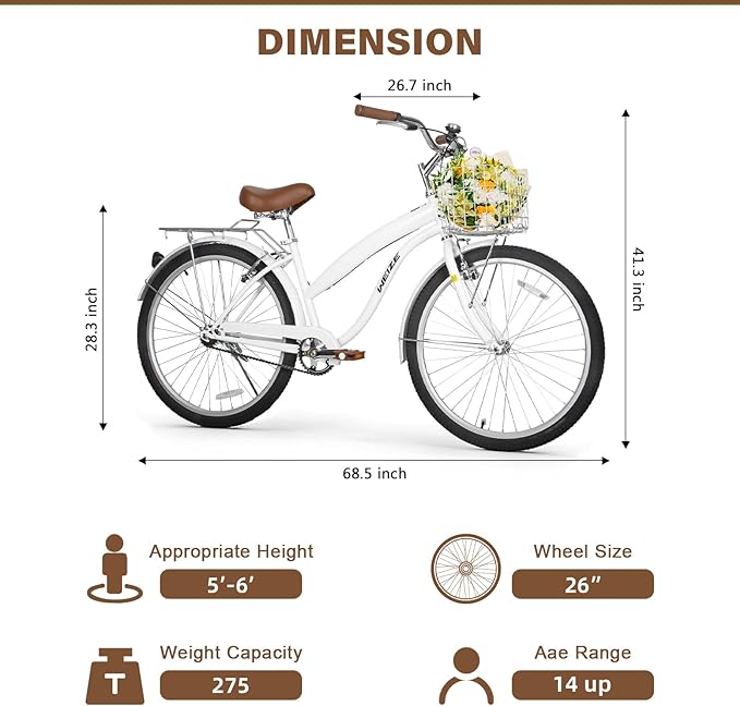 WEIZE Beach Cruiser Bike, 26 inch Commuter Bicycle for Adult Men and Women,High-Carbon Steel/Front & Rear Fenders, Comfortable City Bikes with Rear Rack or Basket, Ergonomic Upright Design
