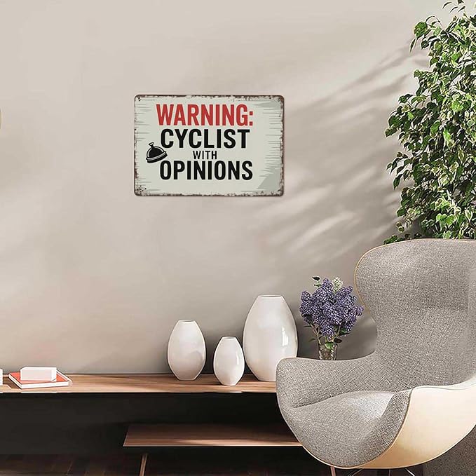 Funny Vintage Signs Posters Warning Cyclist With Opinions Left Bell Cycling Vintage Sign Wall Art for Bedroom Man Cave Garage Office Bar Decor 8X12inch