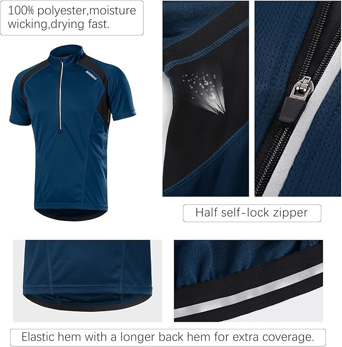 BERGRISAR Men's Half Zipper Cycling Jersey Short Sleeves Bike Bicycle Shirts with Zipper Pocket Quick-Dry Breathable BG060
