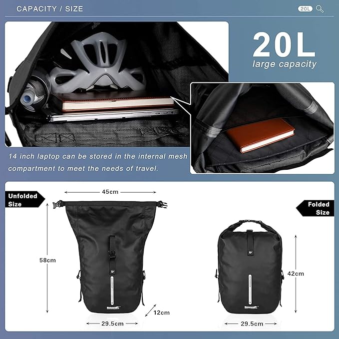 Rhinowalk Bike Pannier Bag Waterproof Rack Bicycle Bag 18L Bike Bag Shoulder Bag Laptop Pannier Backpack Professional Cycling Accessories-Black