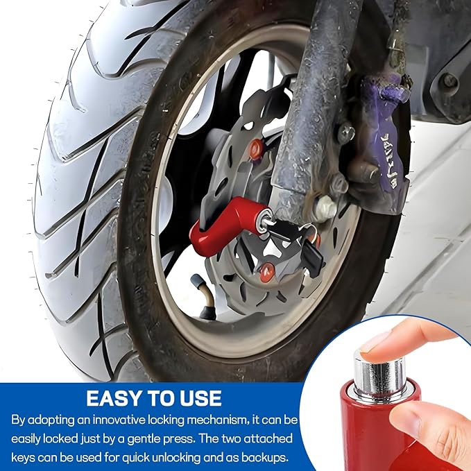 Motorcycle Disc Brake Lock, Anti-Theft Motorbike Security Wheel Disc Brake Lock with Two Keys, Safety Wheel Disk Locks for Scooter Mountain Road Bike Bicycle Powersports (Red with Bracket)