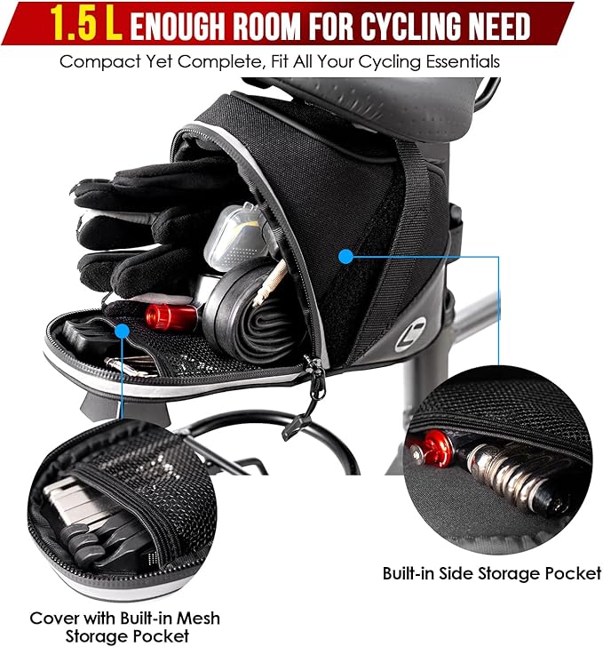 WOTOW Bike Saddle Bag - Waterproof Strap-on Bike Seat Bag - Reflective Bicycle Under Seat Storage Pouch for Road Mountain Bike Cycling Travel